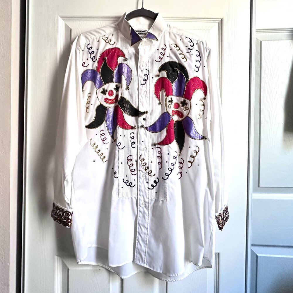 Mens Medium Hand Painted Tuxedo Shirt Glitter Jesters Jokers Bells Quirky Unique